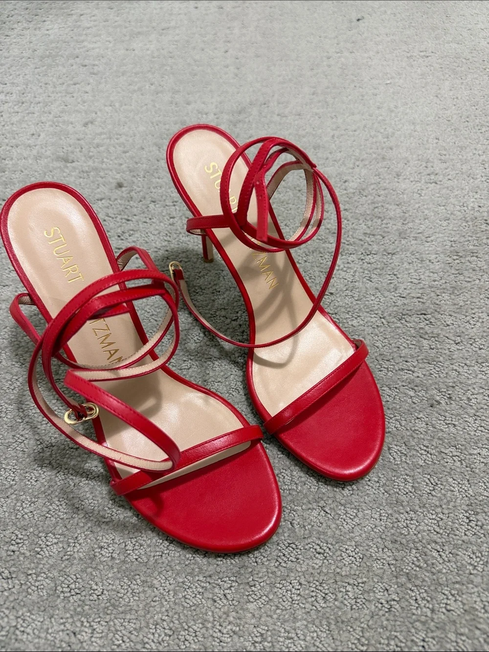 Stuart Weitzman RED leather Ankle-Strap Stiletto Sandals Barelynude 100 wrap 10🔥